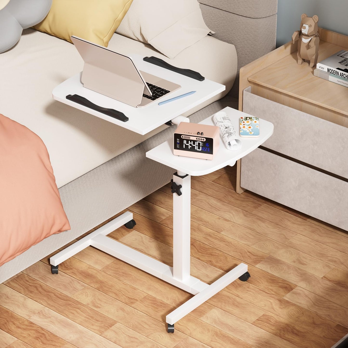 UDIYO Bed Side Table, Height Liftable Overbed Bedside Table with Wheels, Adjustable Tilt Hospital Bed Table, Foldable Over Bed Table for Home，White Black 1