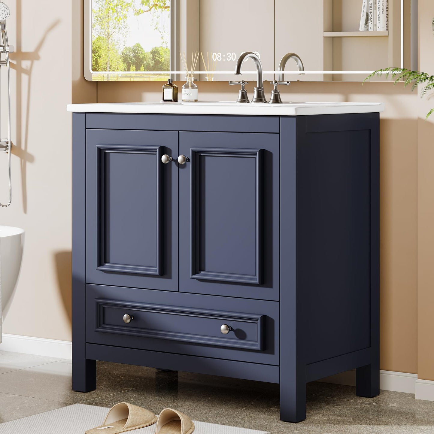 Tribesigns Modern Bathroom Vanity with Sink, Freestanding Bathroom Vanities Cabinet with Ceramic Basin Combo, Bathroom Sink Cabinet with 2 Doors and 1 Drawer, Solid Wooden Frame (Navy Blue, 30 INCH)