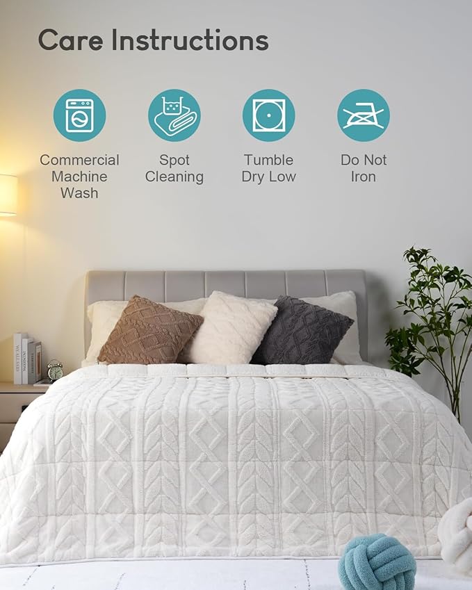 Cottonblue Jacquard Weighted Blanket 15lbs for Queen Ded - Ultra Soft, Cozy Comfort Sherpa Blanket for Relax and Sleep, Heavy Bed Blankets with Cemaric Beads, 48x72 in 12 lbs, Cream White