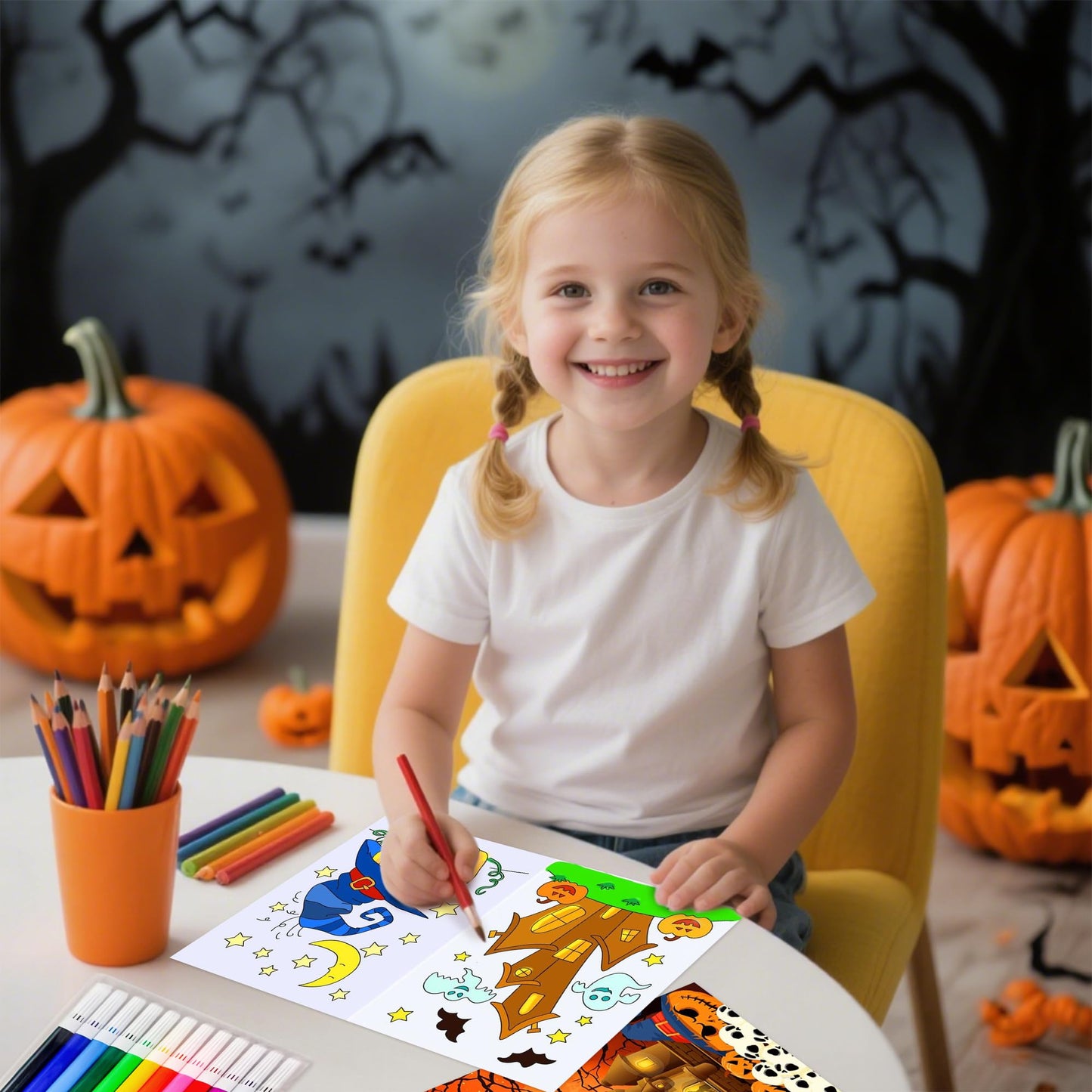 Mini Coloring Books with 9pcs Paint Pens Kids Halloween Books for Children Mini Ghost Pumpkin Coloring Booklet Party Bag Fillers