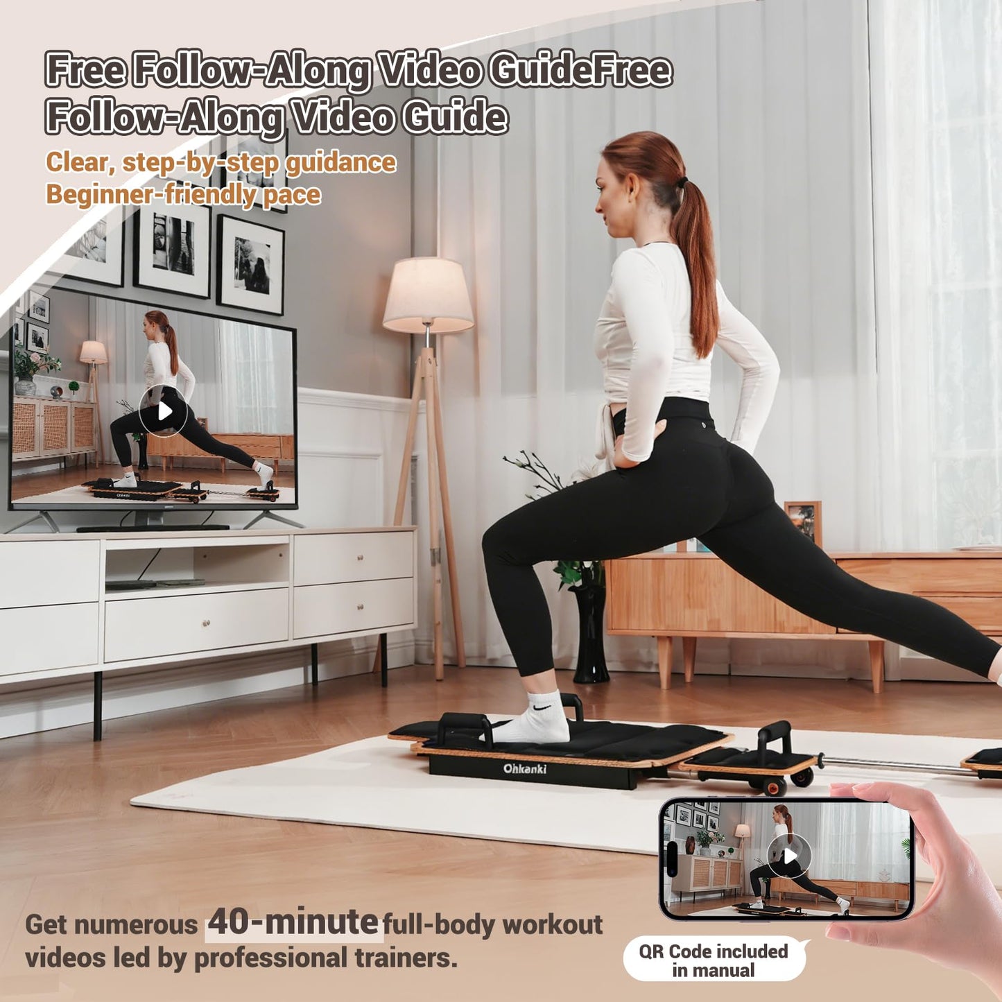 Pilates Reformer Board for Home Workout, 5-in-1 Pilates Equipment , Maple Wood Deck & High-Strength Steel Rails, Adjustable 20 lbs & 25 lbs Resistance Bands, Core & Full-Body Training
