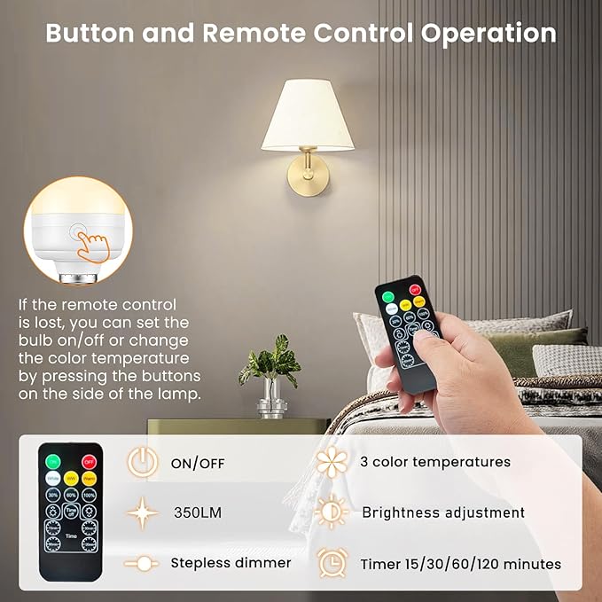 SCOPOW 4Packs E26 Rechargeable Light Bulbs with Remote and Timer, 8W 600lm Bright Magnetic Light Bulbs, 2500mAh Battery Operated Lightbulbs, 3 Color Temperature, Dimmer for Non-Hardwired Lamp