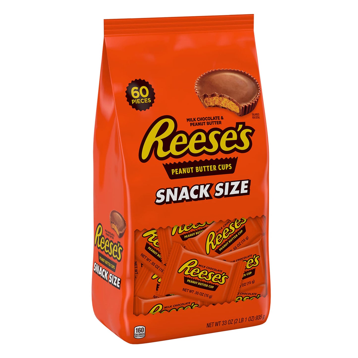 REESE'S Milk Chocolate Snack Size Peanut Butter Cups, Candy Bag, Halloween Candy, 33 oz (60 Pieces)
