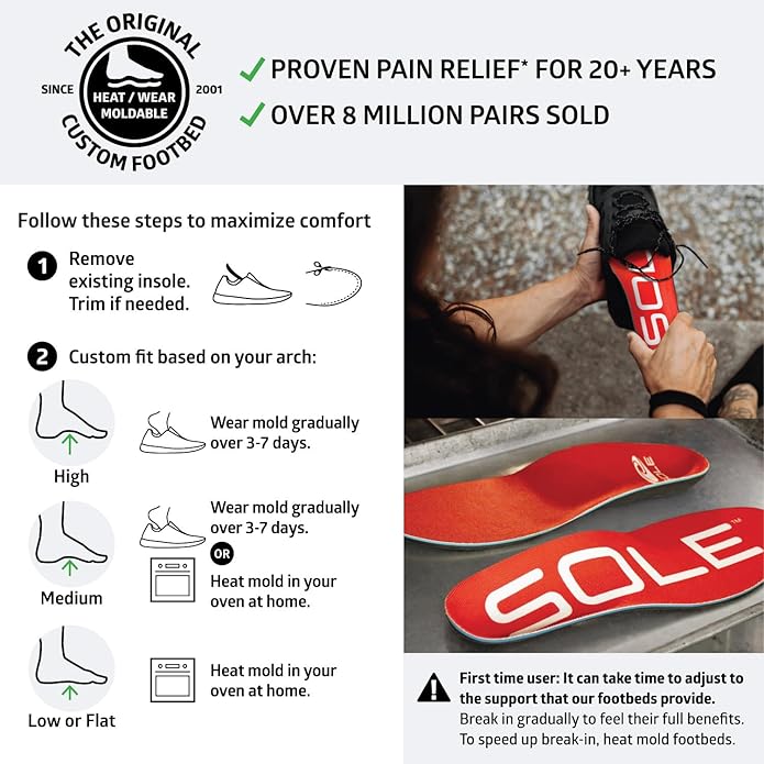 SOLE Active Medium Insoles - Custom Moldable Orthotic Support for Any Arch Type, Plantar Fasciitis Relief - Multiple Sizes