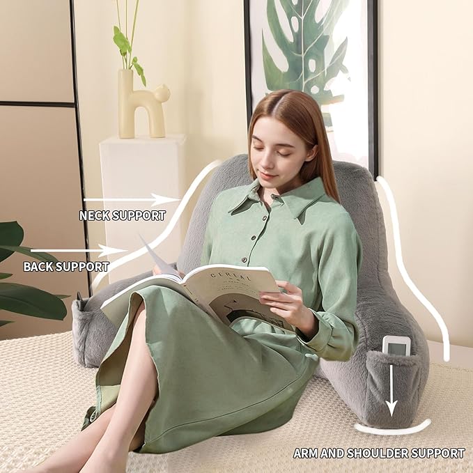 PAJEO Reading Pillow for Sitting in Bed, Large Backrest Reading Pillow with Arm Rest,Back-Rest Support Cushion for Sit Up on Couch, Sofa, and Floor, Dorm Essentials (Gray Faux Fur, Standard(17"))