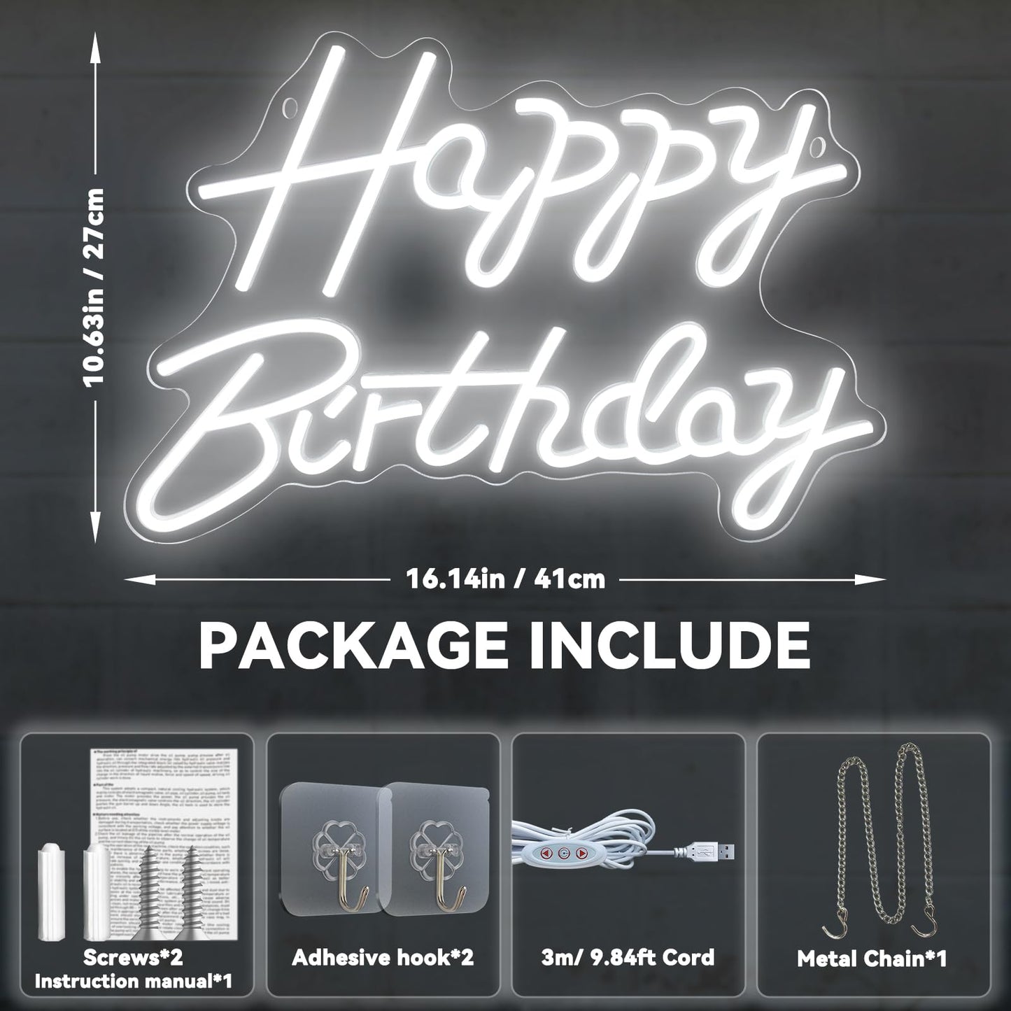 Happy Birthday Neon Signs for Party Decor Dimmable LED Birthday Neon Light for Wall Decor Light Up Happy Birthday Led Signs for Backdrop Birthday Any Ages Bday Celebration Decoration, White
