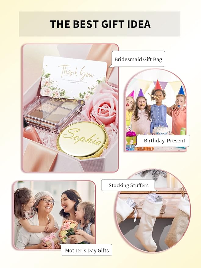 Compact Mirror for Purse, Double-Sided 1X/2X Magnifying Metal Pocket Makeup Mirrors(Round,Gold)
