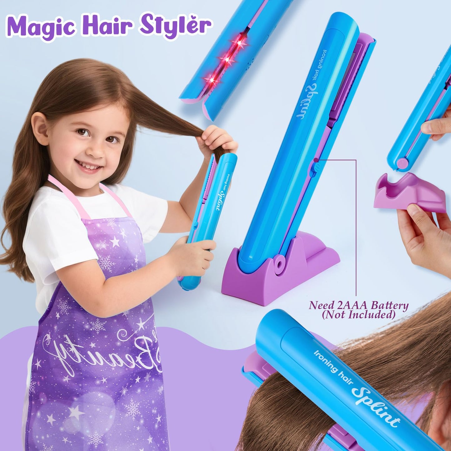 Cleboen Hair Salon Toys for Girls, Kids Pretend Play Beauty Salon Hair Styling Set with Blow Dryer Straightener Mirror Apron Styling Accessories & Makeup Set, Birthday Gifts for Girls 3 4 5 6 7 8+