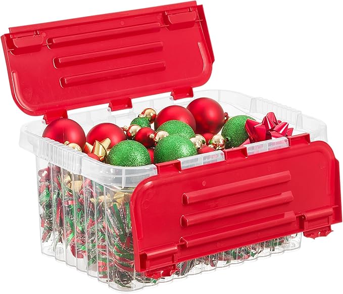 Superio Christmas Storage Box with Red Hinged Lids, Plastic Container Bins for Organizing with Attached Lid, Stackable Crates, BPA Free, Organizers for Home, Office, and Dorm, 10.5 Quart (15"x10"x7")