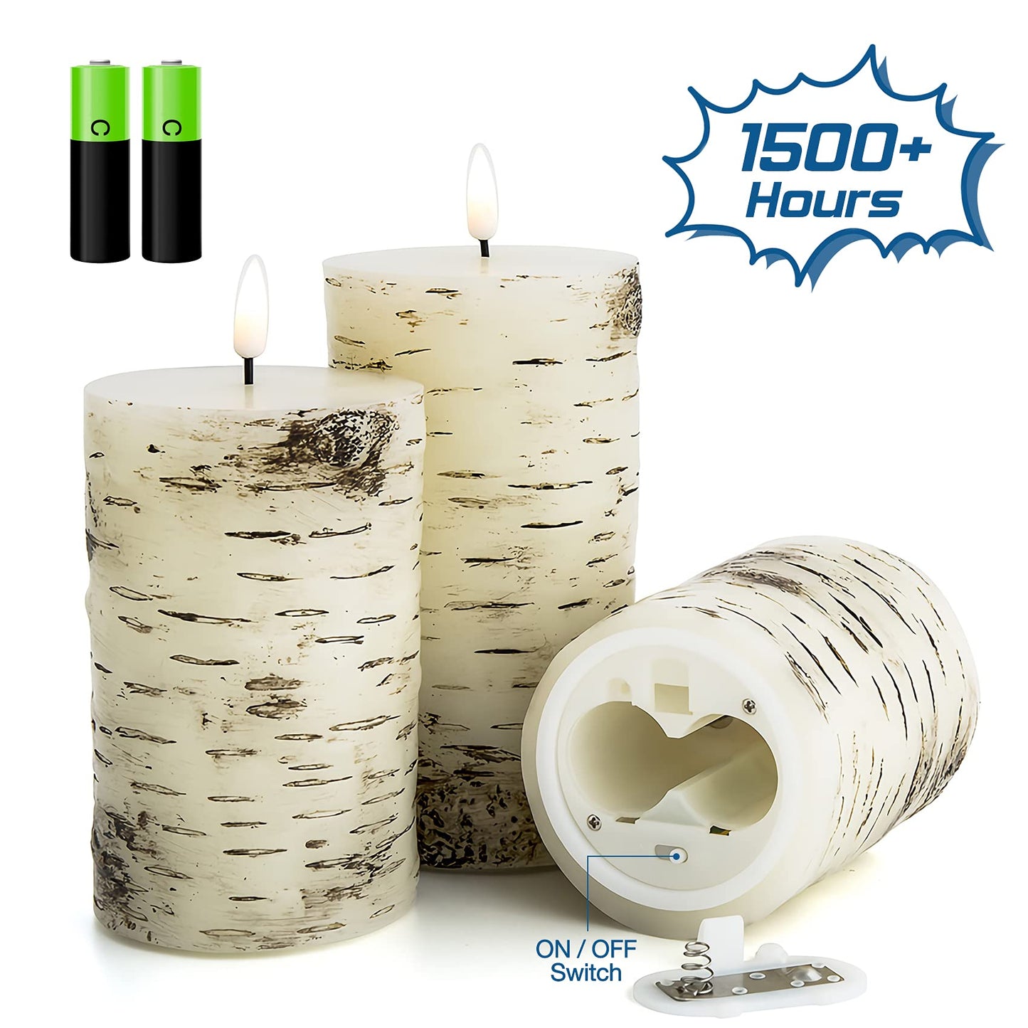 Eywamage Birch Bark Flameless Pillar Candles with Remote, Flickering Rustic Battery LED Wood Candles Set of 3