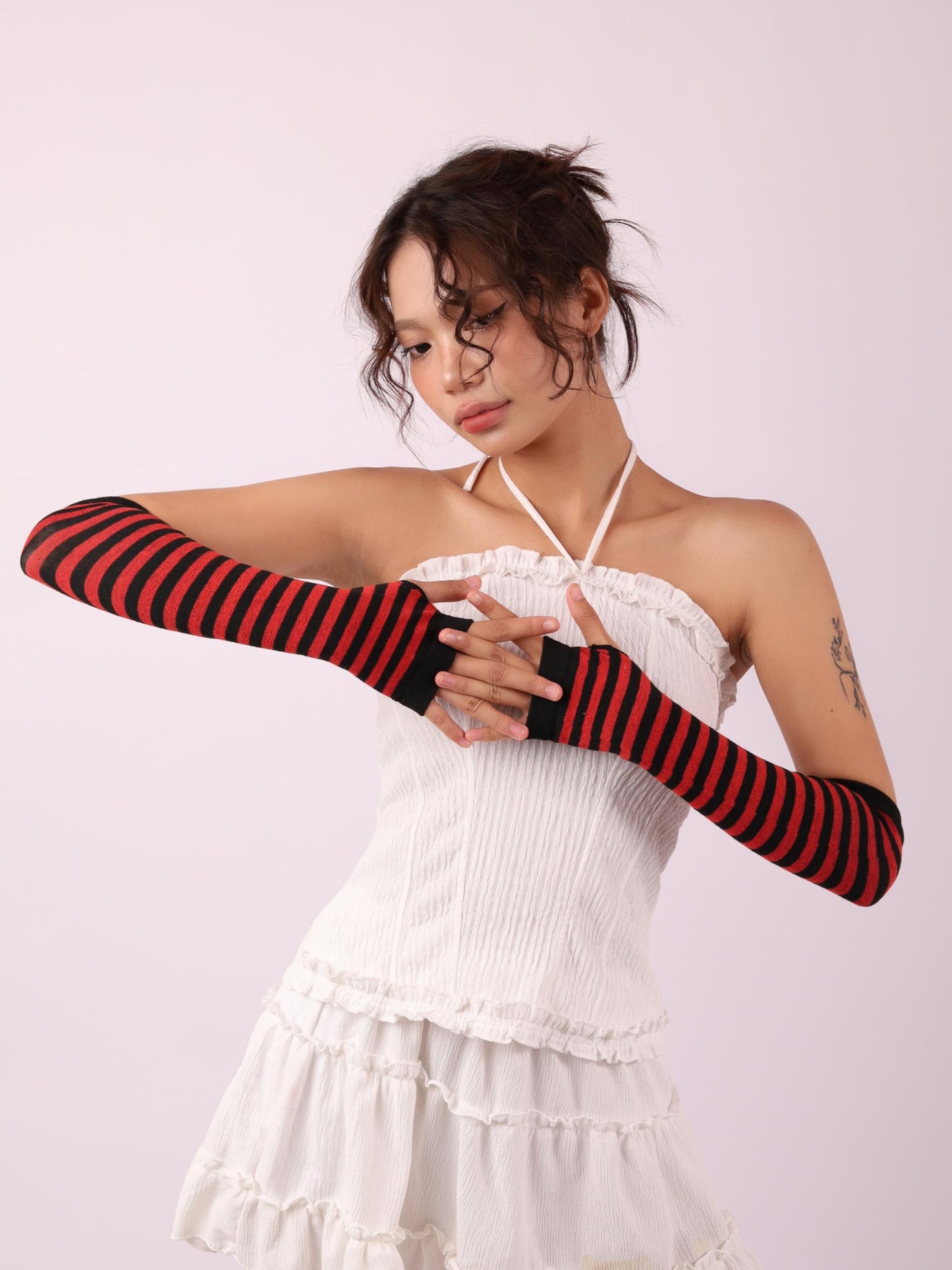 Sacina Black Red Long Fingerless Gloves, Arm Warmers Y2k, Goth Punk Gloves, Emo Accessories