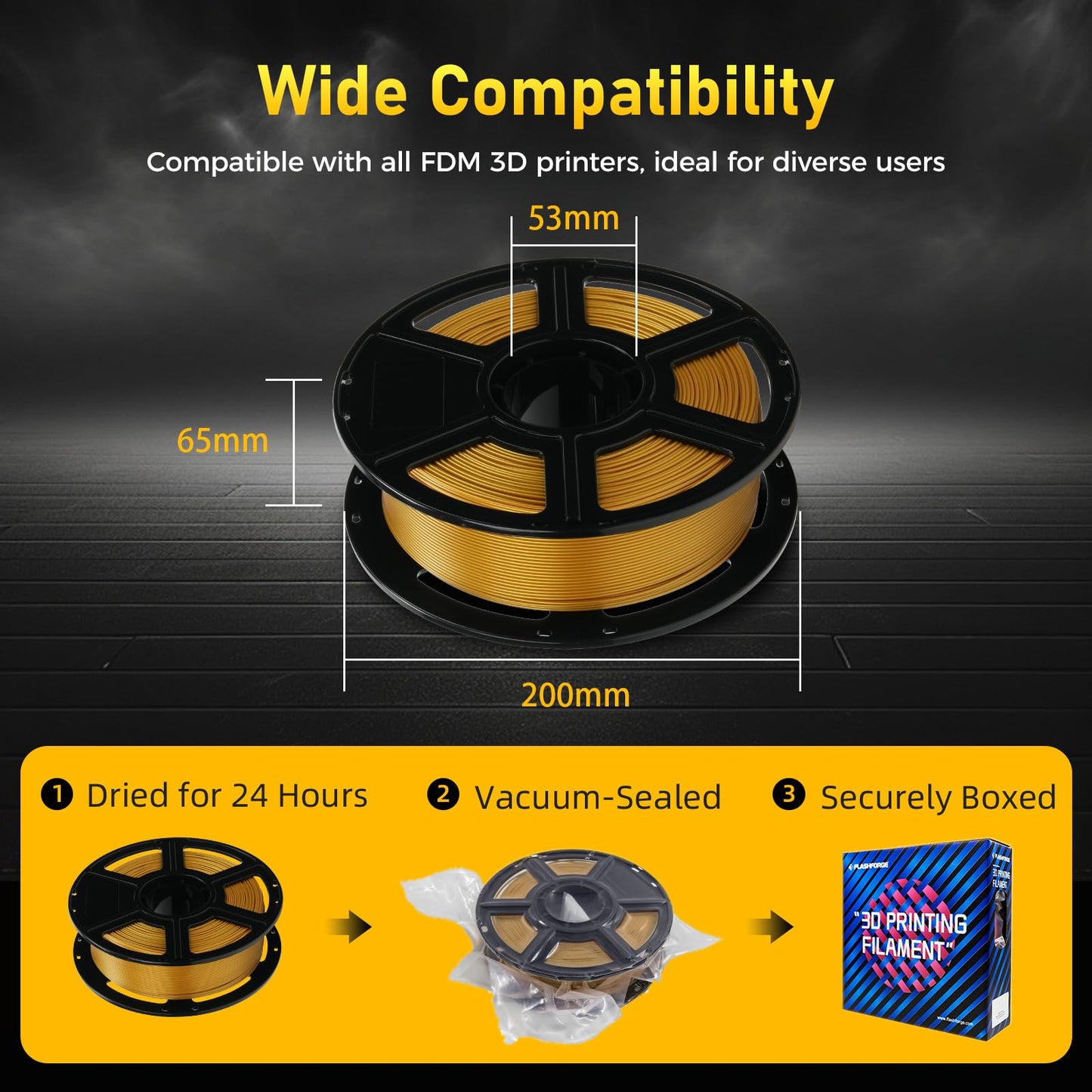 FLASHFORGE Rapid PETG Filament 1.75mm Metallic Bright Gold, Max 600mm/s High Speed Printing, 3D Printer Filament 1kg Spool, Dimensional Accuracy +/- 0.02mm, Fits Most 3D Printers