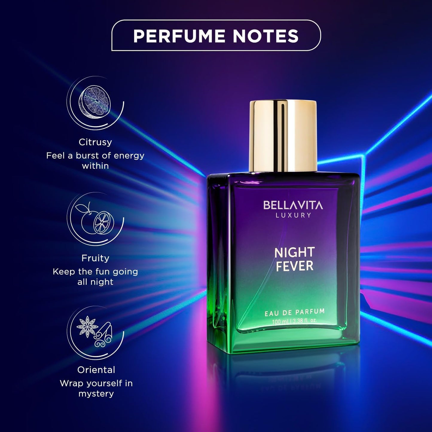 BELLAVITA Luxury NIGHT FEVER Perfume for Women and Men | Notes of Bergamot Mandarin, Peach, Musk & Vanilla | Long Lasting Eau De Parfum for Man and Woman | Fruity Premium Unisex Fragrance Scent