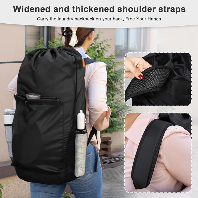 Polecasa Extra Heavy Duty Large Backpack Laundry Bag with Comfortable Padded Shoulder Straps & 4 Pockets, Durable Storage Bags, Drawstring bag for Dorm, College, Travel, Black