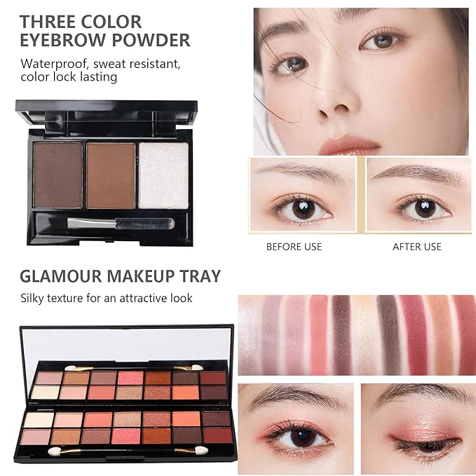 All in One Makeup Kit - 2X14 Eyeshadow Palette, Liquid Foundation, Eyeliner Pencils, Contouring Stick, 20pc Makeup Brushes (Pink)