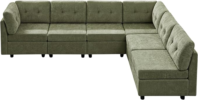VANOMi 6 Seater Cloud Couches for Living Room, 118" Convertible Modular Cloud Sofas & Couches, Comfy Chenille Sectional Couch Sofa for Apartment, Office, Olive Green, L/U Shaped