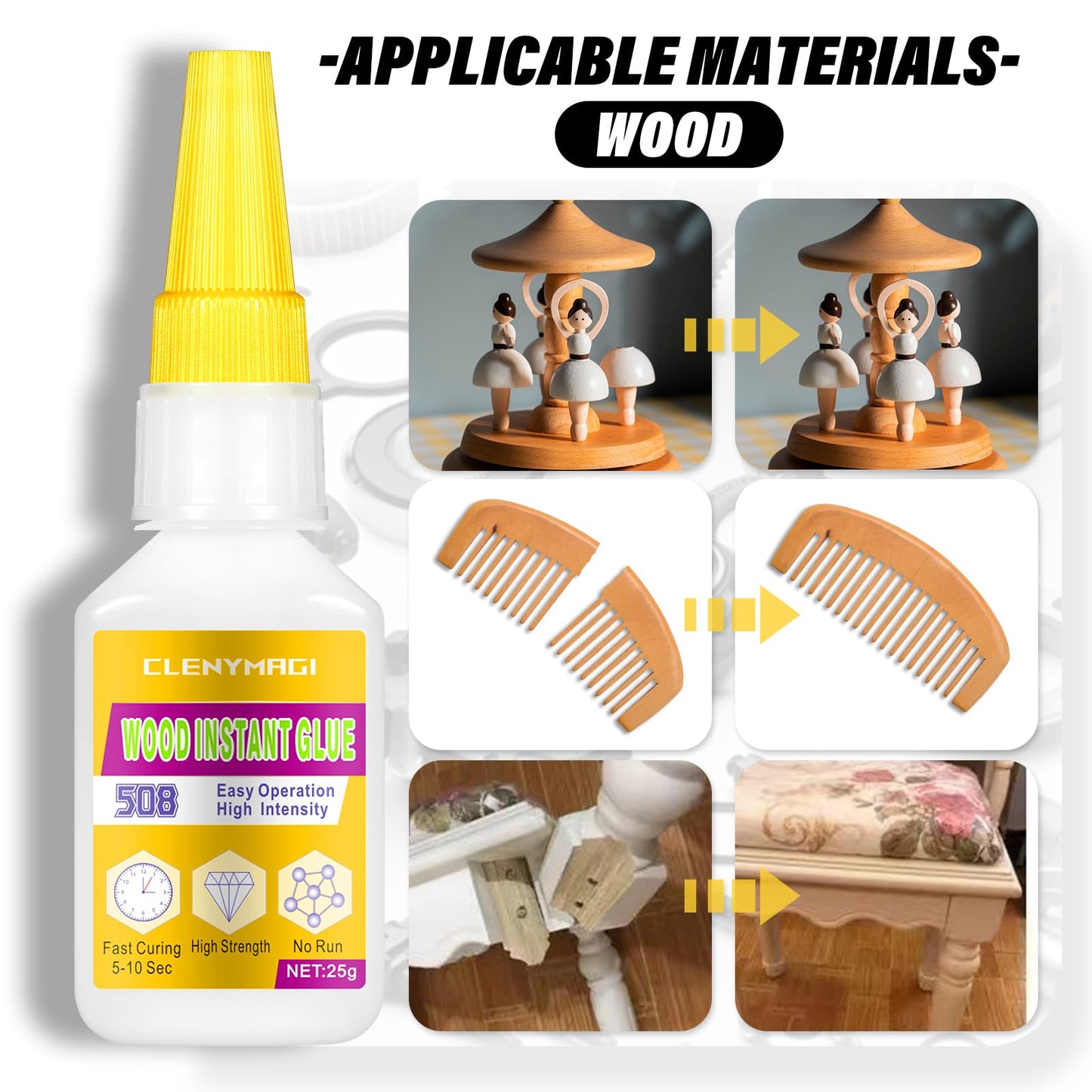 ClenyMagi Wood Glue, High Strength Fast Drying Clear Wood Glue for Furniture Heavy Duty, Woodworking, Garden, Crafts, DIY, Waterproof, Heat Resistant Tacky Adhesive (1 Bottle of 25g)