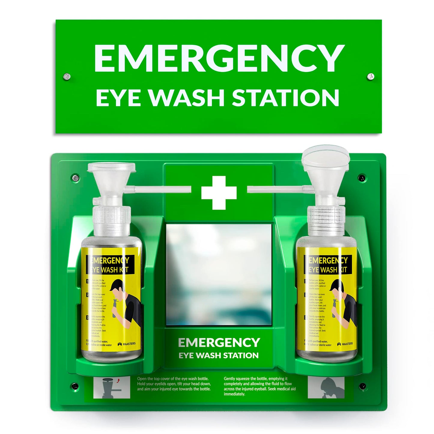MAASTERS BPA Free Portable Eye Wash Station OSHA Compliant - Wall-Mounted First Aid Eye Wash Kit w/Mirror & 2X 16oz Empty Bottles - No Eyewash Solution Included - Emergency Eyewash - Set of 1