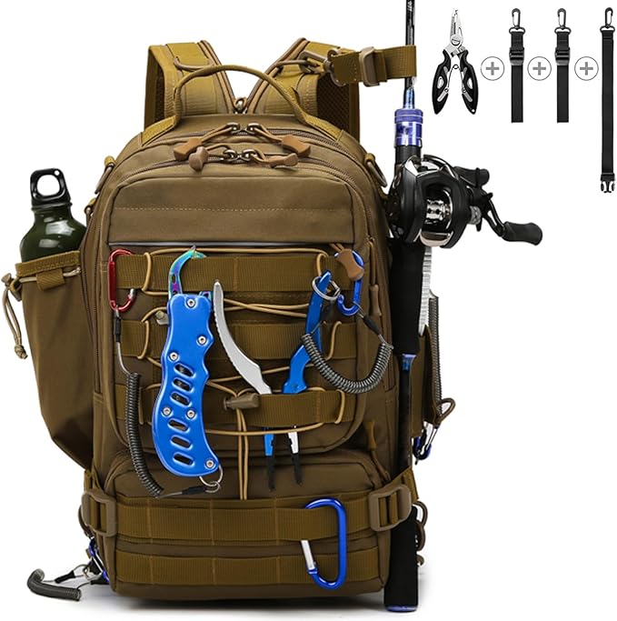 Meprona Fishing Tackle Backpack Storage Bag, Outdoor Shoulder Backpack, Fishing Gear Bags with Rod Holder and Fishing Plier