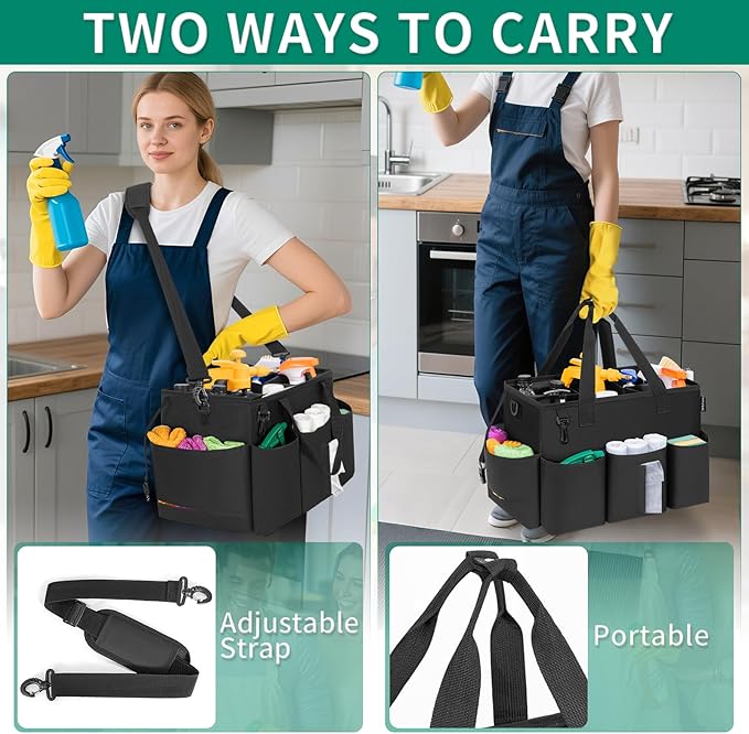 Wearable Cleaning Caddy Bag for Cleaning Supplies, Large Capacity Cleaning Organizer Tote Bag Simple Kitchen Cleaning Supplies Storage Bag for Cleaners Housekeepers (Black)