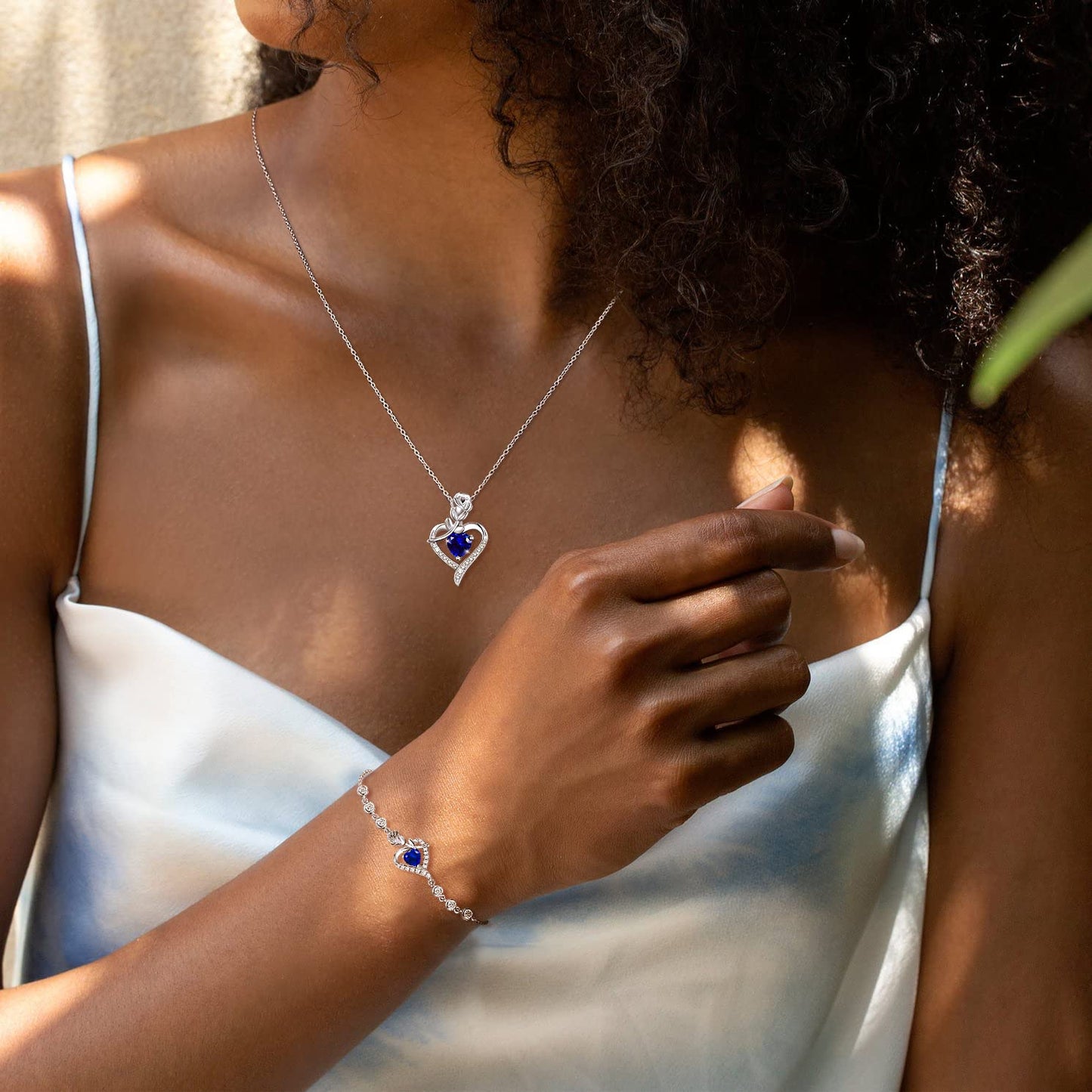 AGVANA September Birthstone Jewelry Sapphire Necklace for Women Sterling Silver Rose Flower Heart Pendant Necklace Fine Jewelry Anniversary Birthday Gifts for Women Wife Lady Her