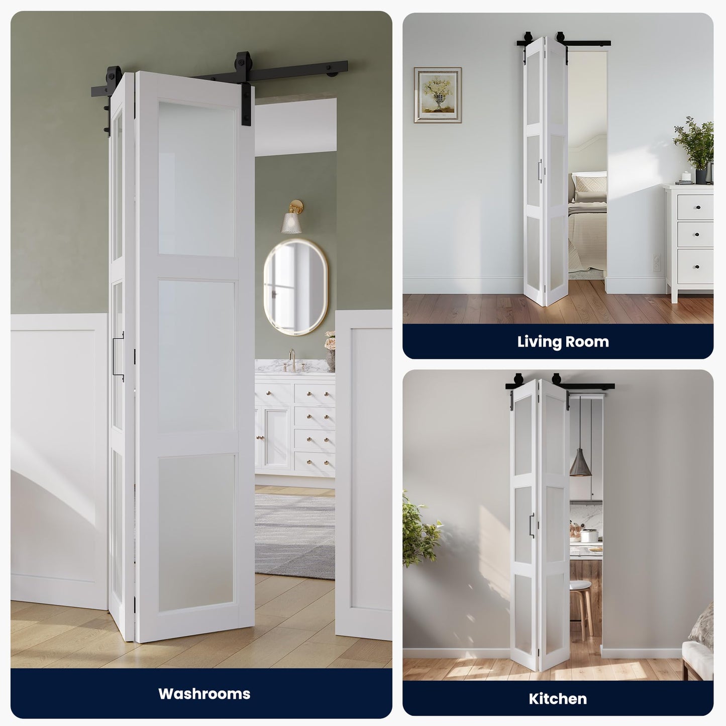 SMARTSTANDARD 72in x 84in Bifold Barn Door, Frosted Glass Barn Door with Hardware Kit Included, Pre-Drilled Holes Easy Assembly -Solid Barn Doors Slab Covered with Water-Proof PVC Surface, White