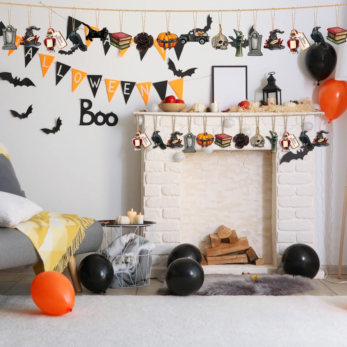 Maitys 36 Pcs Halloween Wood Ornaments for Tree Gothic Halloween Decorations Skull Black Cat Pumpkin Hanging Signs Witch Hats Finger Crow Wood Cutouts with Ropes for Home Small Tree Party Indoor Decor