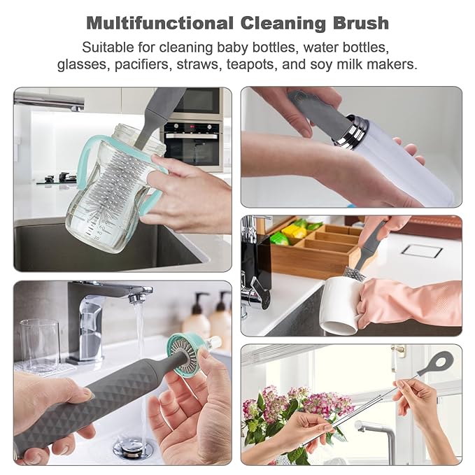 Electric Bottle Brush, 4 Piece Bottle Brush Set with Baby Bottle Brush Cleaner, Nipple Brush, Pacifier Cleaner, Straw Cleaner Brush, Gifts for Newborns and Mothers, Grey