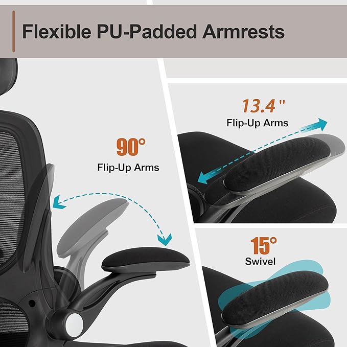 BOWTHY Ergonomic Office Chair,Home Mesh Office Desk Chairs,High Back Chair 330 LBS,Swivel Computer Task Chair with Adjustable Lumbar Support,Up&Down Flip-Up Arms,Rocking Function (Black)