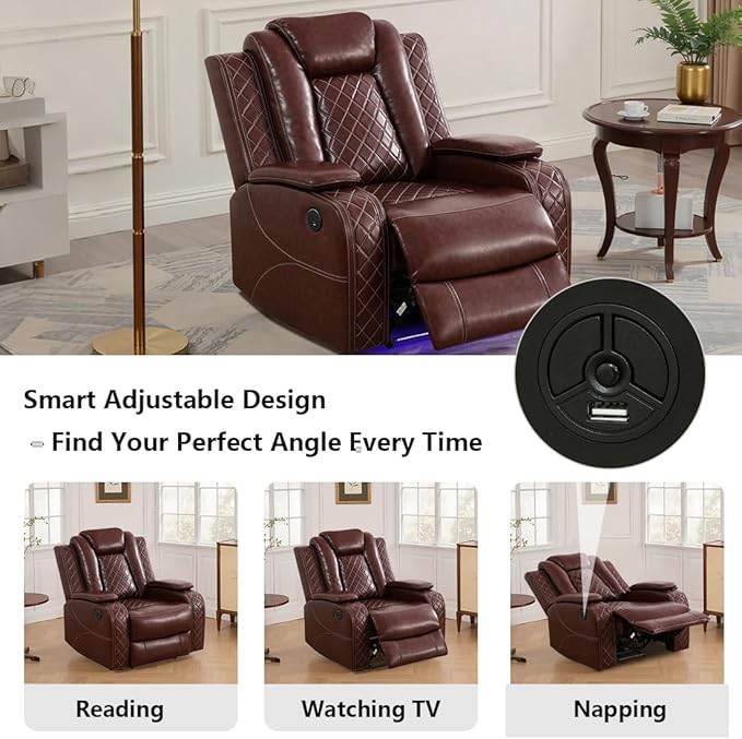 Toseslo Power Leather Recliner Chair Set with LED Light, Brown Leather Reclining Set, Living Room Furniture Sets, Modern Power Recliner Sets for Living Room/RV/Apartment