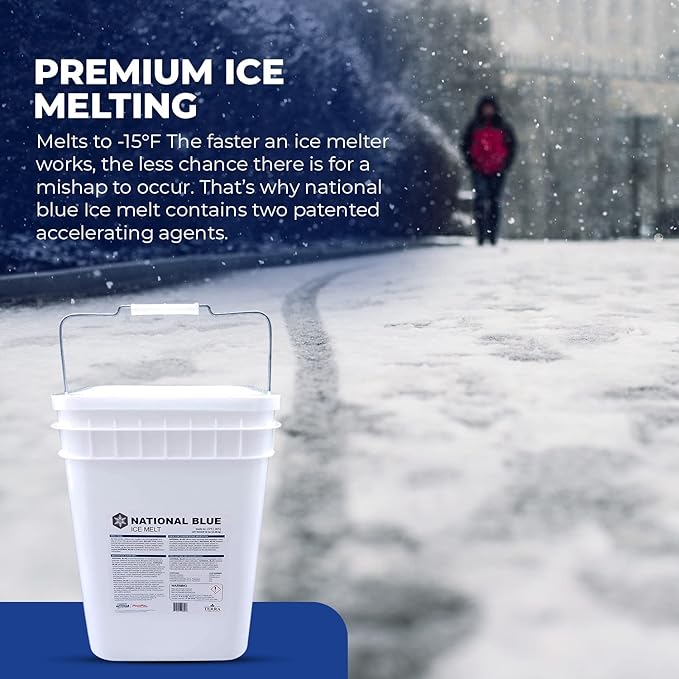 National Blue Ice Melt and Snow Salt 35lb Bucket - Fast Acting Ice Melter - Pet, Plant and Concrete Friendly, Environmentally Safe - Free of Magnesium Chloride - Melts to -15°F