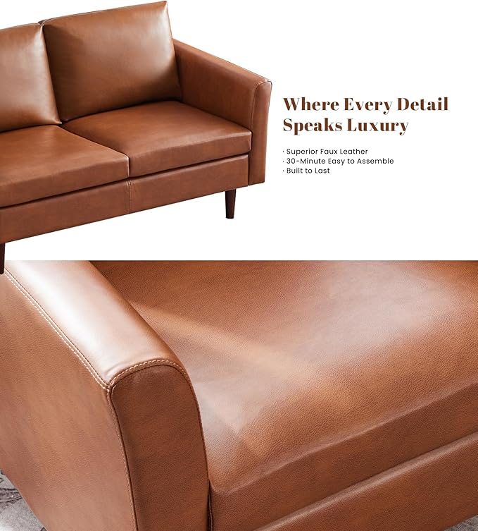 Kingfun Faux Leather 2 Seat Couch for Living Room, Mid Century Modern Sofa with Rolled Arms and Deep Seats, Fluffy Comfort for Apartment, Easy to Assemble, Chestnut