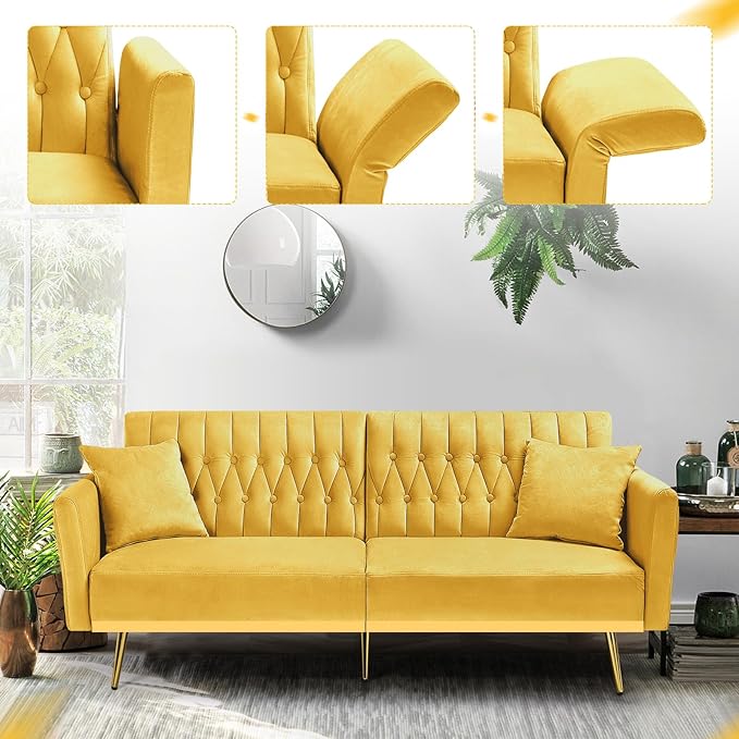 ACMEASE 70” Velvet Futon Sofa Bed w/Adjustable Armrests & 2 Pillows, Convertible Futon Couch w/Adjustable Backrests, Modern Sleeper Bed for Living Room, Bedroom, Yellow