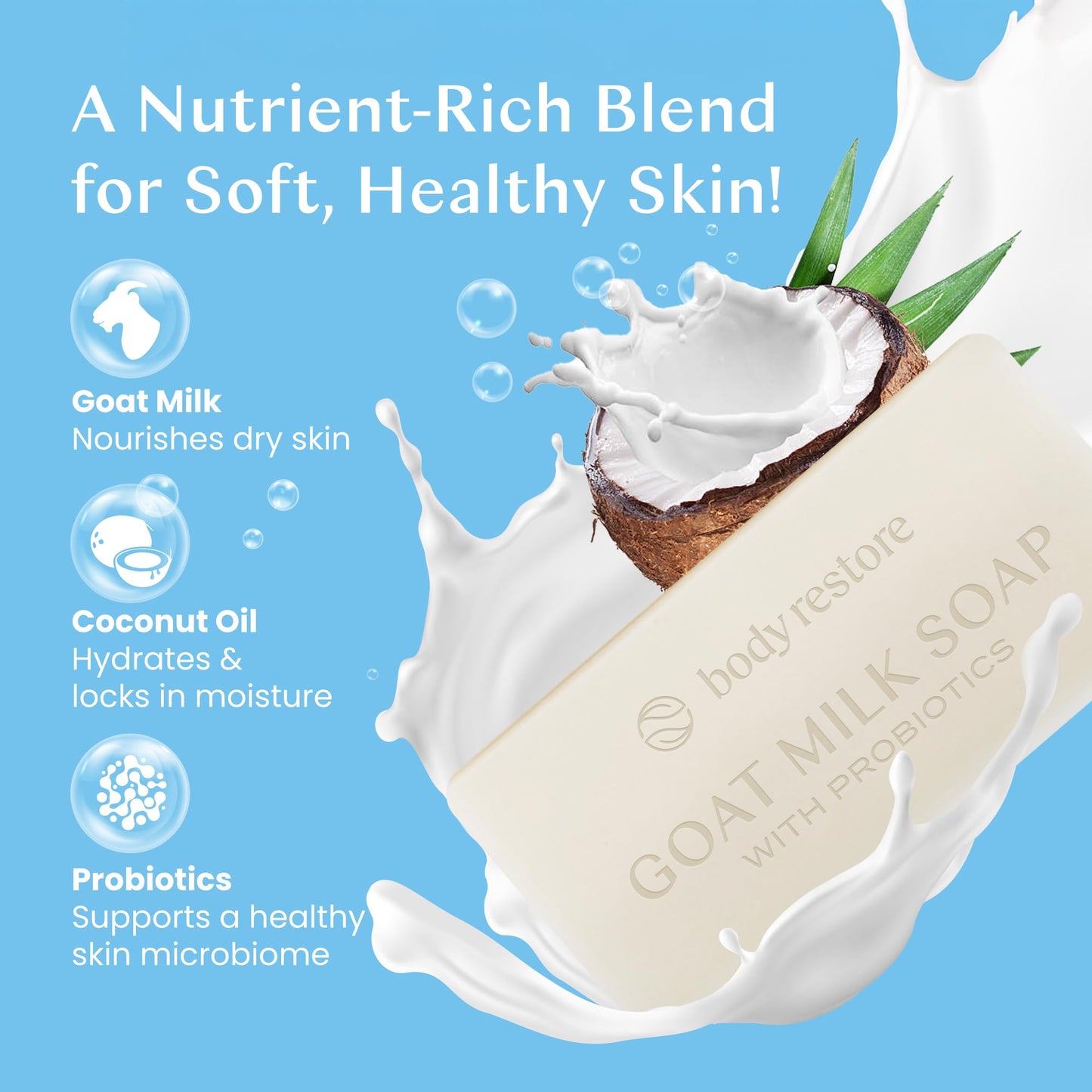 Body Restore Goat Milk Soap 4 OZ Bar 1 Pack - Coconut Oil Based, Probiotics, Self Care Gifts for Women, Men, Natural Body, Face