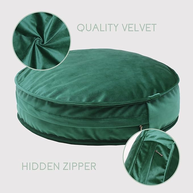 YIUOR Velvet Floor Pillows Round Chair Cushion Couch Throw Pillow Soft Pouf Seat Mattress Bean Bag for Reading Nook Play Room (25.6",Green)