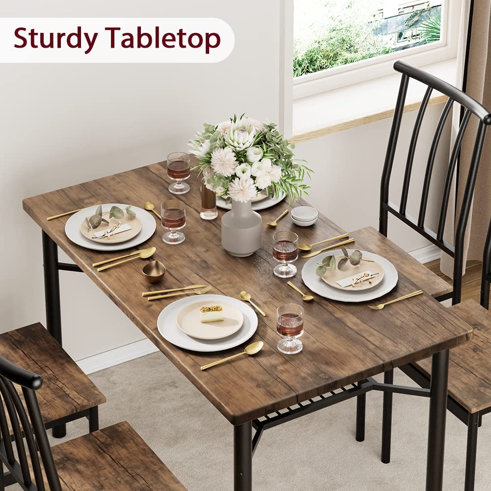 CABIHOME Dining Table Set for 4, Rectangle Kitchen Table Set with Wine Rack, Sturdy Chairs, Rustic Brown