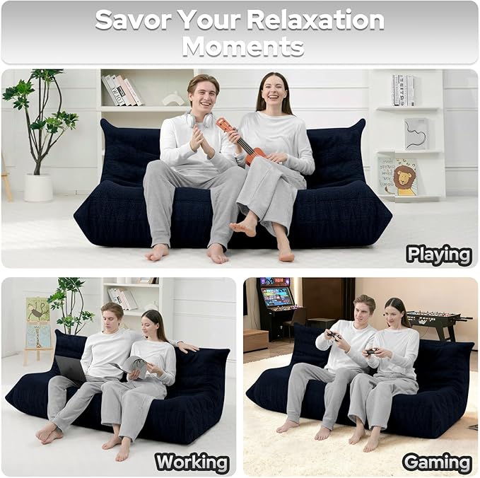 HABUTWAY Bean Bag Chairs Fireside Lazy Floor Sofa, Soft Teddy Fleece 3 Seater Sofa with High-Resilience Foam Filling，Beanbag for Living Room, Bedroom, Office (Navy Blue Teddy)