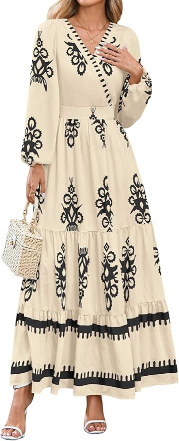 PRETTYGARDEN Women's 2026 Fall Wedding Guest Dresses Boho Floral Long Sleeve V Neck Flowy Elegant Maxi Dress Beach Clothes