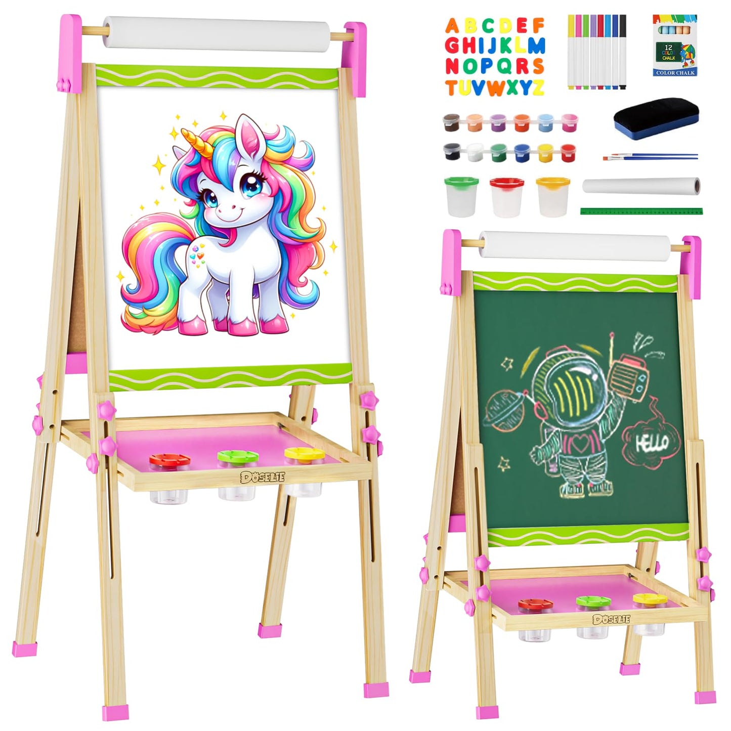 Easel for Kids,Wooden Toddler Art Easel,Kid Toys for Ages 5-7 8-13,3 4 5 6 7 8 9 Year Old Boy Girl Birthday Gifts,Double-Sided Magnetic Dry Erase Whiteboard and Chalk Board with Art Supplie Paper Roll