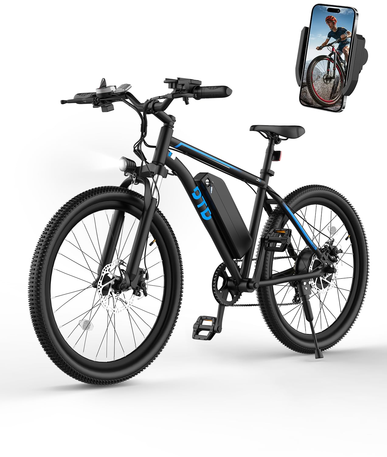 OTD Electric Bikes for Adults[with Mobile Phone Holder], 28MPH Electric Bicycles, 26" 800W Peak 45 Miles PAS Range, 48V 624Wh Removable Battery Ebike,7-Speed（UL 2849）,Black