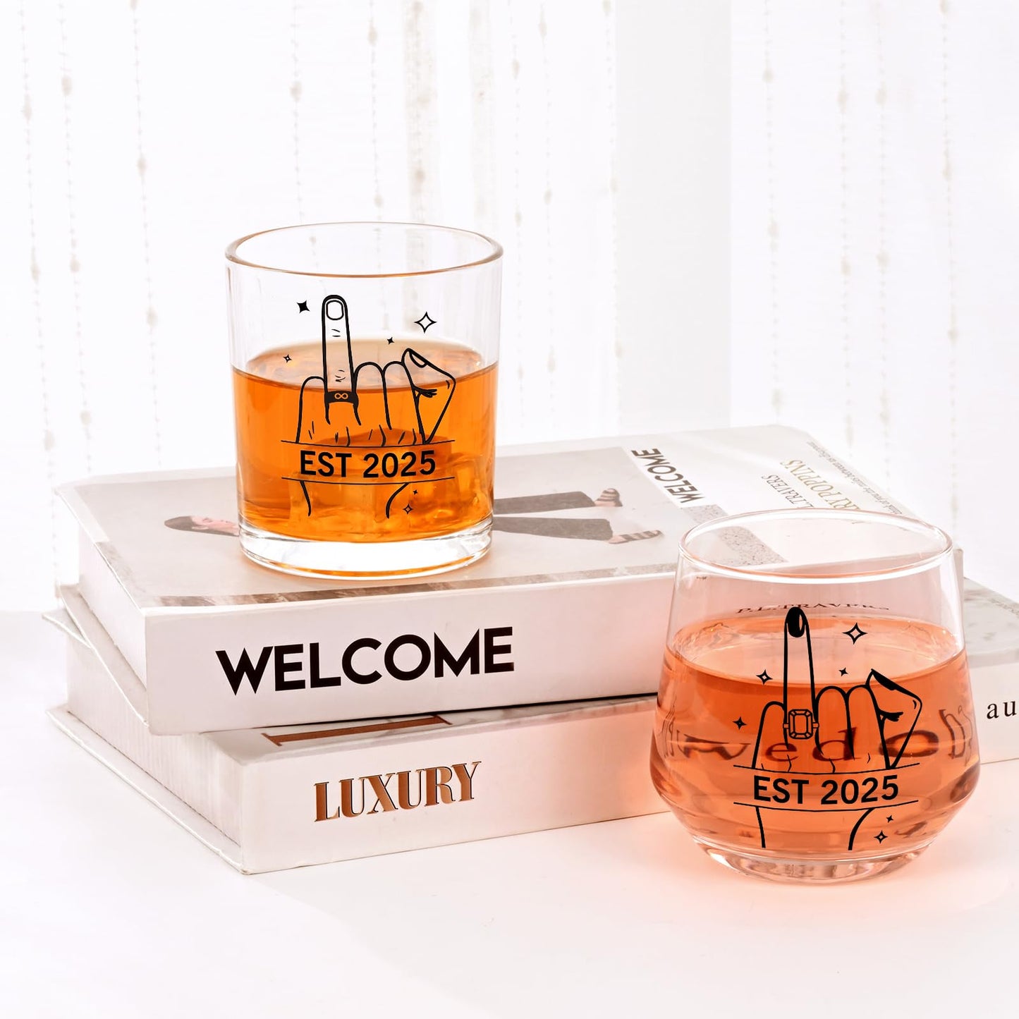 Futtumy Ring Finger Est 2025 Wine Glasses and Whisky Glasses, Wedding Gifts for Couples, Bridal Shower Gifts, Engagement Gift for Couples Bride and Groom Mr. Mrs. His Hers Bride To Be