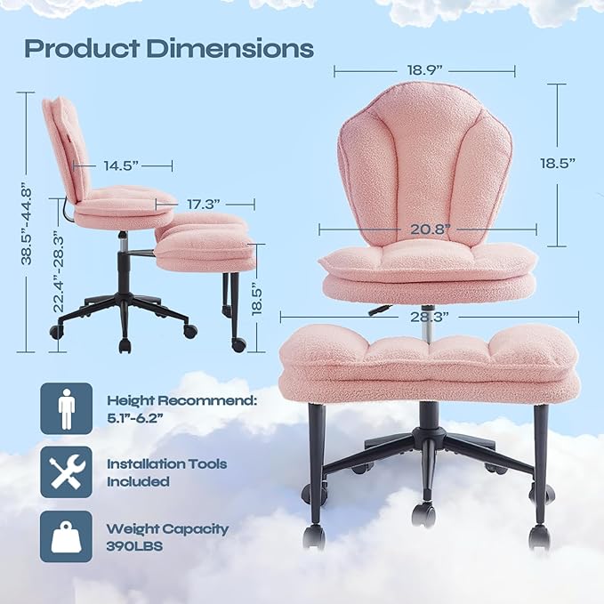 Ergonomic Cross Legged Office Chair for ADHD, Kneeling Chair with 360° Swivel Wheels and Reversible Seating for Meditation, Adjustable Height and Seat Deapth, Teddy Fabric, Pink