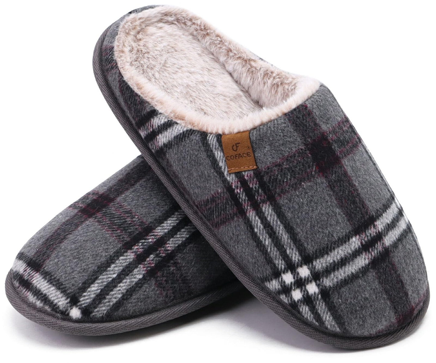 COFACE Mens Grey Flano Plaid Cozy Memory Foam scuff Slippers Slip On Warm House Shoes Indoor/Outdoor With Best Arch Support Size 11