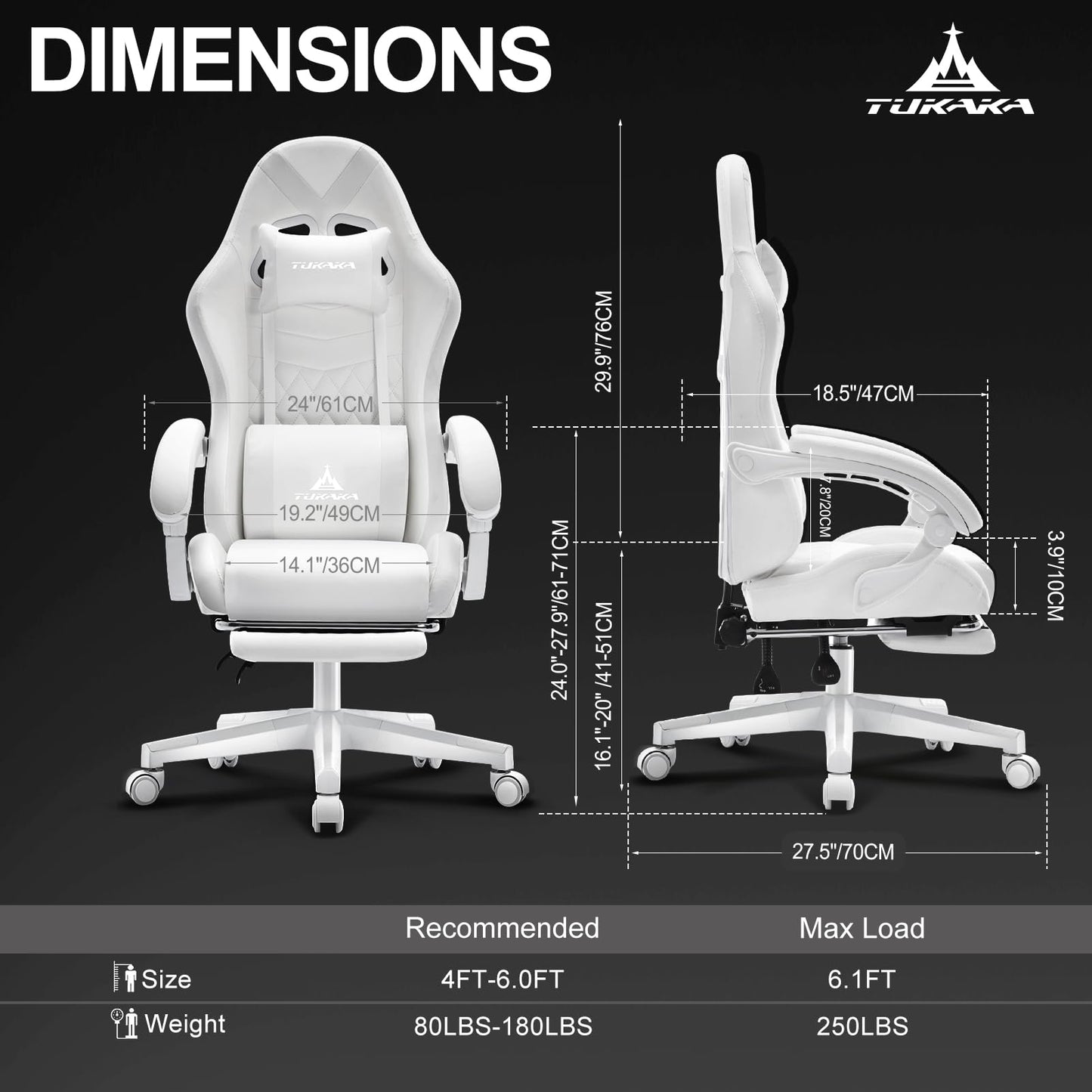 TUKAKA White Gaming Chair,Ergonomic Massage Computer Office Desk Chair with Footrest,Pocket Spring Cushion,Reclining Leather Adjustable Gamer Chair with Headrest and Lumbar Support,White