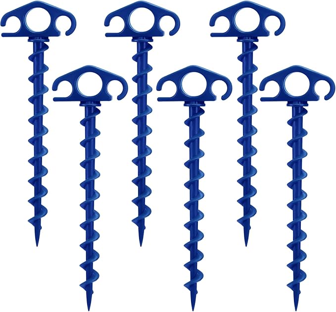 COBARYEN Tent Stakes Ground Anchors Screw in, 6 Pack Sand Stakes for Beach 9.4 Inch Heavy Duty Spiral Tent Pegs for Camping, Party, Hiking, Outdoor Decoration (6, Blue)