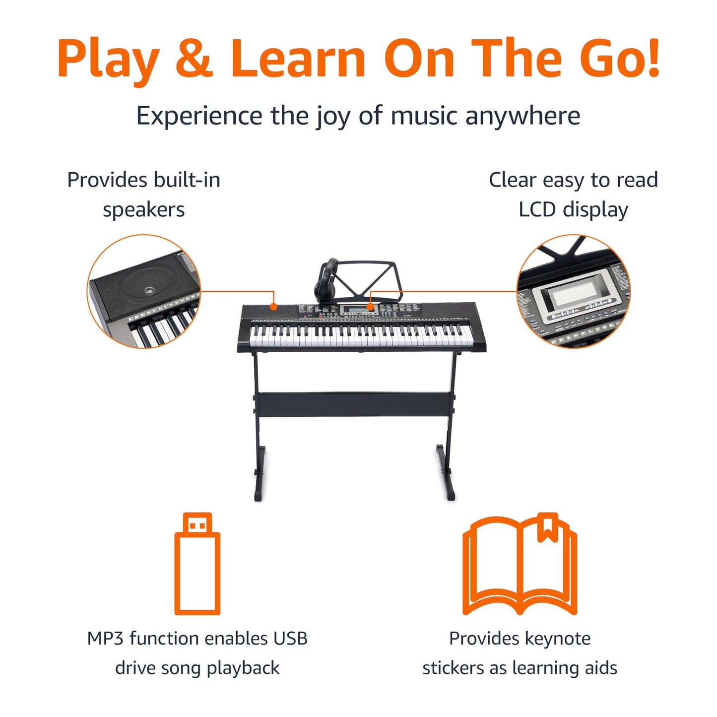 Amazon Basics Portable Electric Keyboard Piano with 61 Full Size Keys, Built-in Speakers, Songs for Learning, Digital Piano, Black