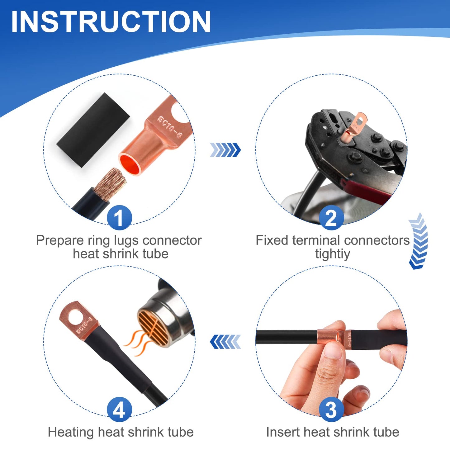260Pcs Copper Wire Lugs, Battery Cable Ends AWG 2 4 6 8 10 12 Gauge Wire Connectors with Heat Shrink Set, Ring Terminals Connectors Battery Cable Lugs Battery Lugs with 140Pcs Heat Shrink Tubing Kit