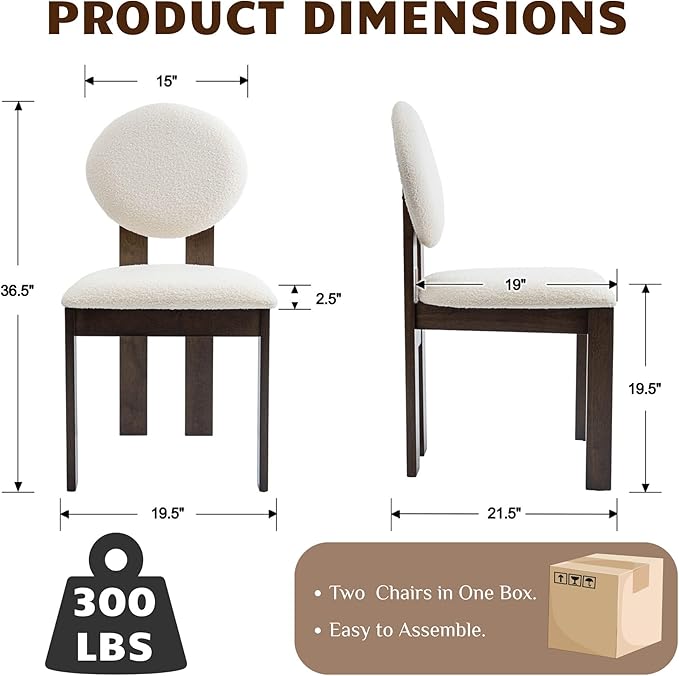 Modern Wood Dining Chairs Set of 4, Farmhouse White Boucle Kitchen Chairs with Round Back and Wooden Walnut Legs, Mid-Century Armless Upholstered Accent Chairs for Dining Room/Living Room/Restaurant
