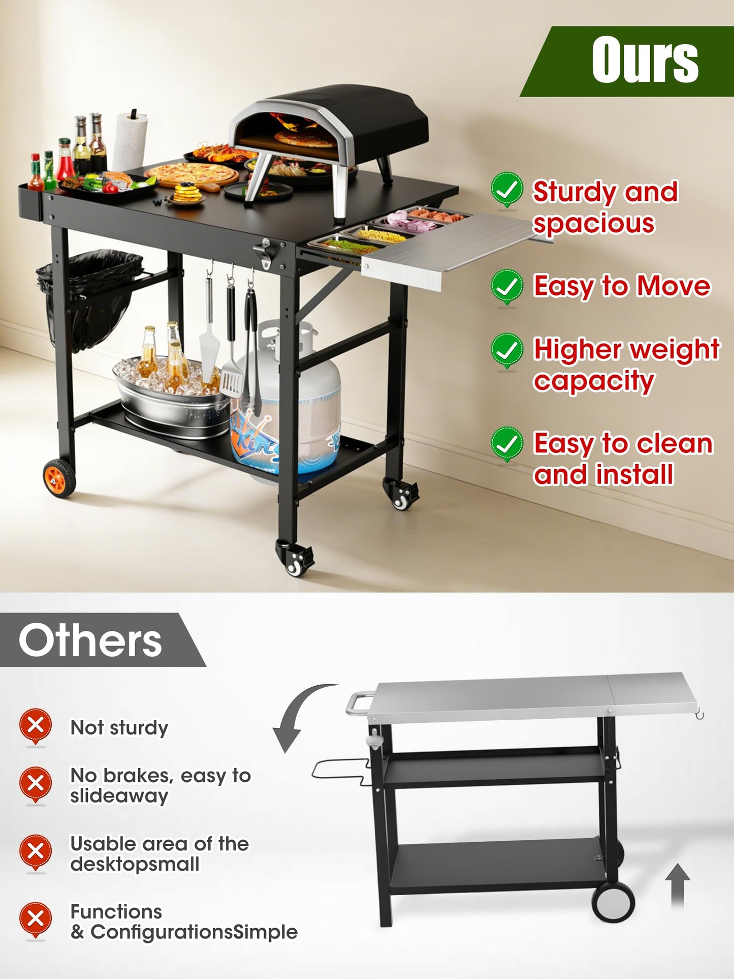 Outdoor Pizza Oven Table, Movable Grill Side Table, Expansive Countertop Pizzas Oven Accessories, Pizzas Stands for Party with Wheels, Fits Ooni Blackstone Ninja Cuisinart Gozney