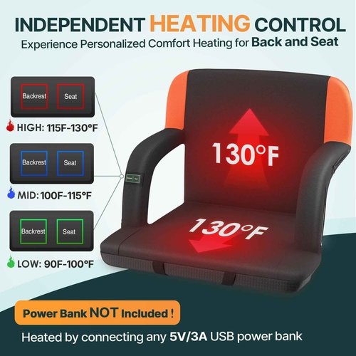 HOPERAN 25" Dual-Sided Heated Stadium Seats for Bleachers with Back Support, 3 Levels Heating Bleacher Seats with Backs and Cushion Wide, 5 Pockets Portable Stadium Chair for Outdoor Games Sports
